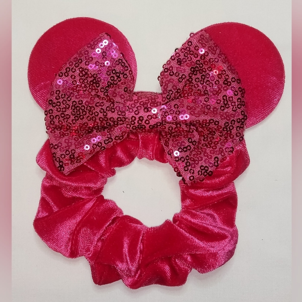 Velvet Mouse Ears Scrunchie Hot Pink With Shiny Sequin Bow